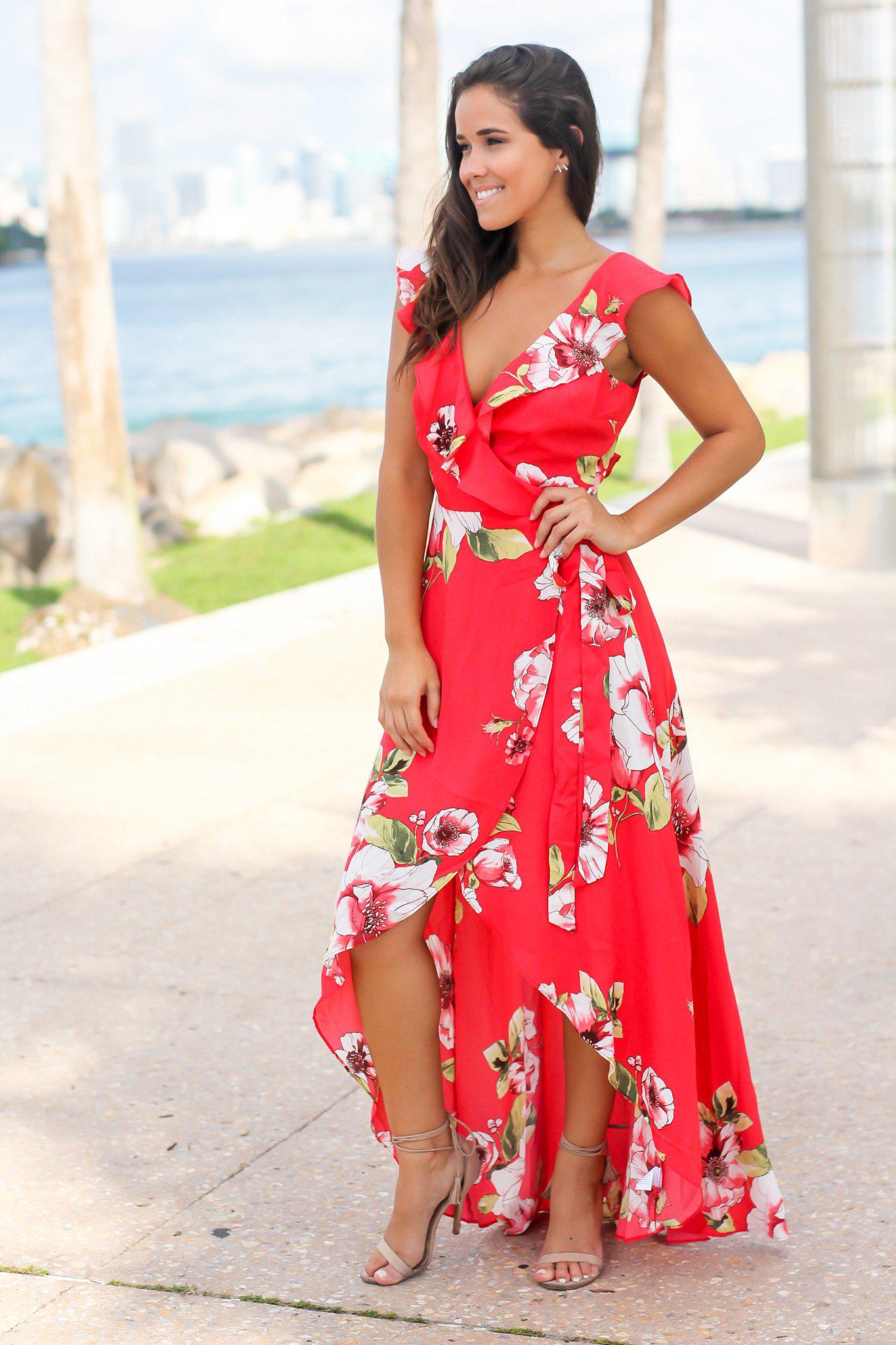 Red Floral Wrap Dress with Ruffles ...